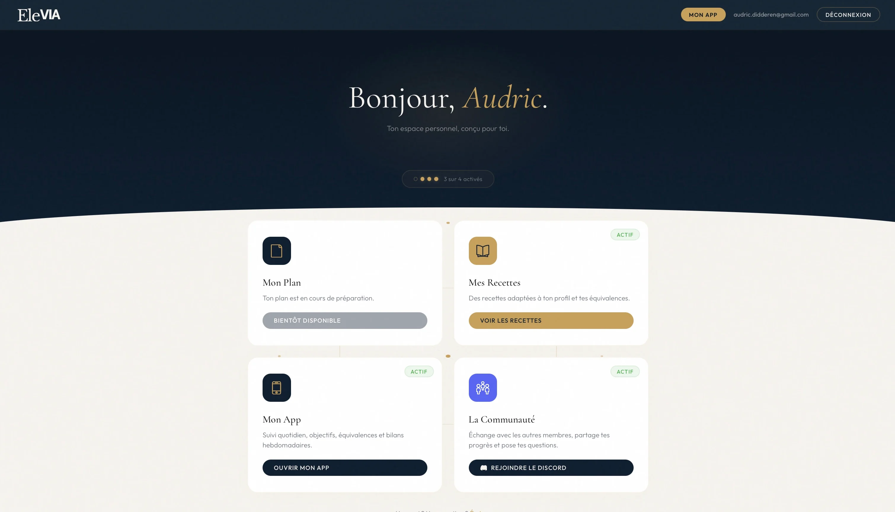 Espace personnel Élevia — tableau de bord