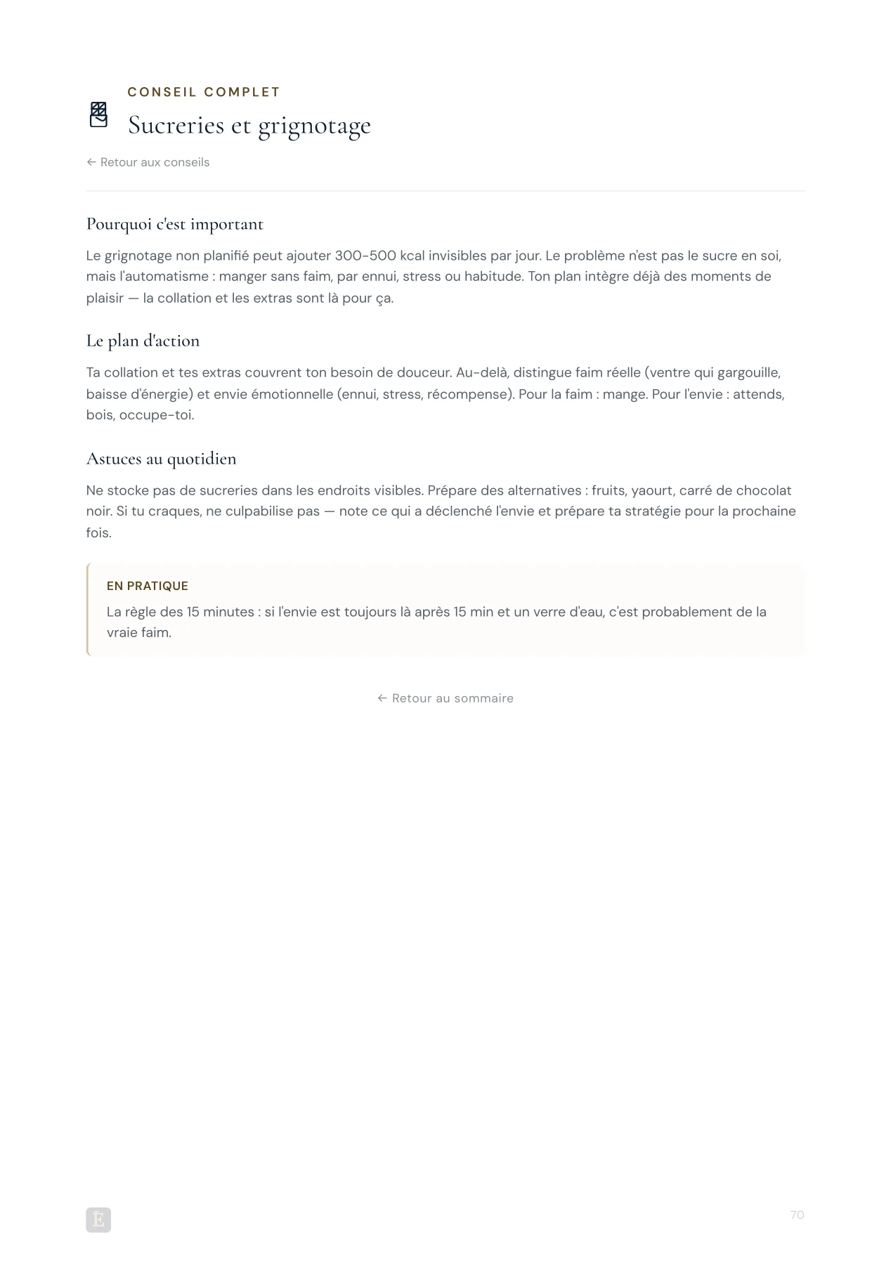 Conseil personnalisé — sucreries et grignotage avec plan d'action