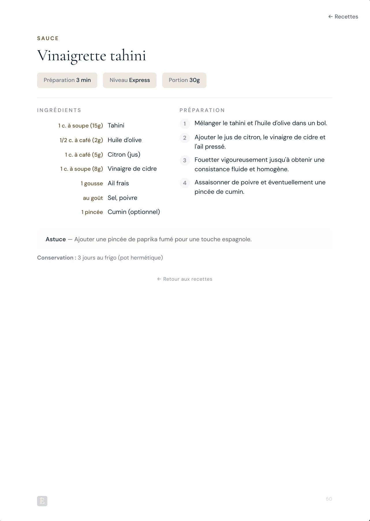 Recette vinaigrette tahini — ingrédients, étapes, astuces