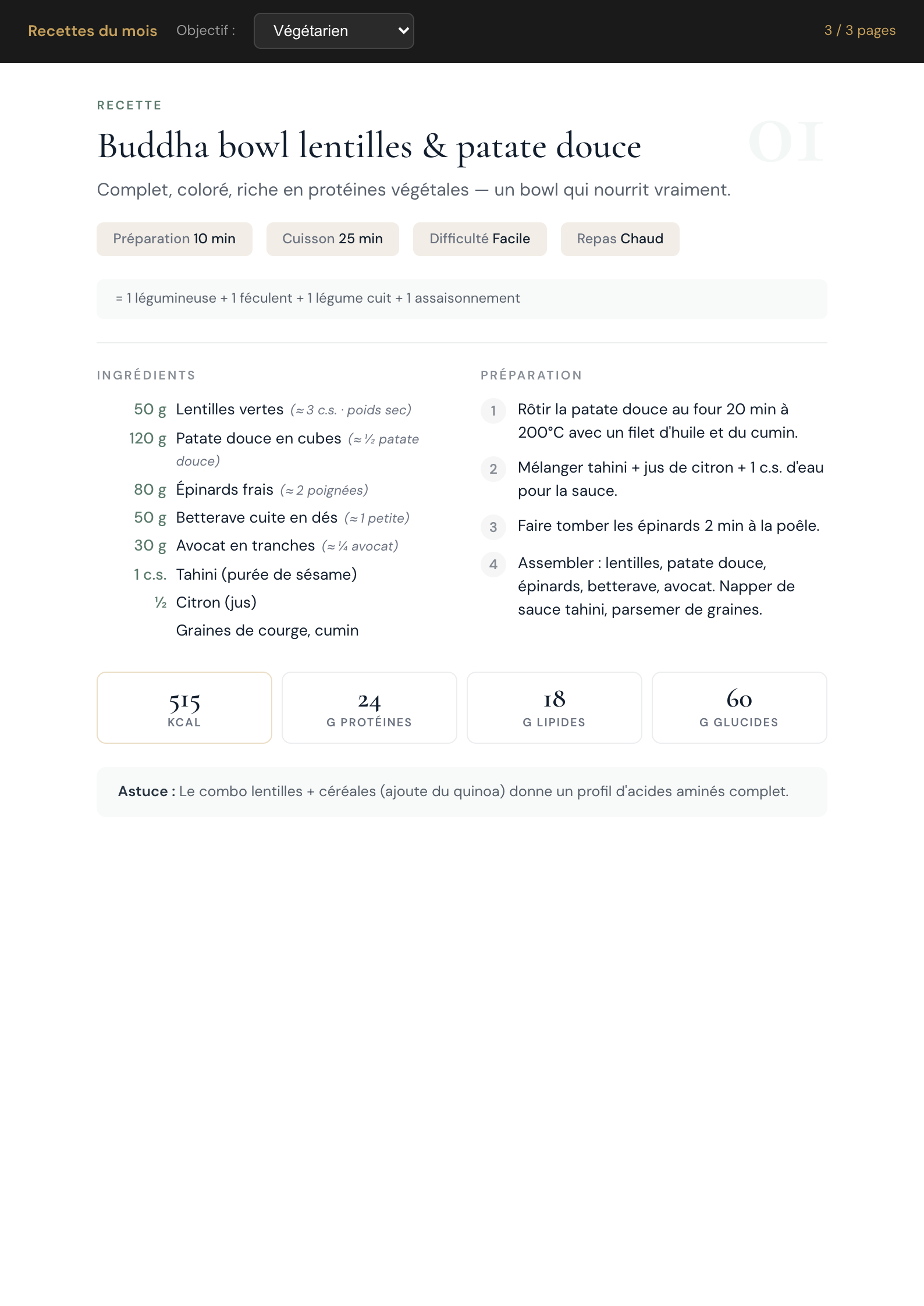 Recette Végétarien — Buddha bowl lentilles